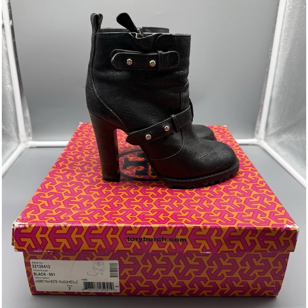 Tory Burch Landers Bootie Black Leather Studded‎ Ankle Boots Chunky Heel Size 7